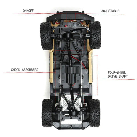 Underside view of RC Rock Crawler WPL C24 RTR 1/16 Scale Pickup Truck showing four-wheel drive shaft and shock absorbers.