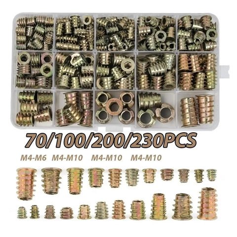 Heavy Duty Zinc Alloy Screw In Furniture Nuts M4 M6 M8 M10 Flanged Hex Drive wood inserts organized in a clear storage case.
