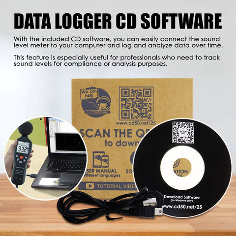 Pro Grade Sound Level Meter With Data Logger And Software showing CD, packaging, and USB, Auto Range, Backlit LCD for noise testing
