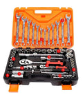 Top Shelf 172 Piece Ratchet Socket Set Chrome Vanadium Steel Mechanic Hand Tool Kit organized in orange plastic case.