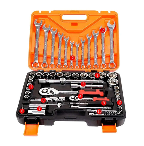 Top Shelf 172 Piece Ratchet Socket Set Chrome Vanadium Steel Mechanic Hand Tool Kit organized in orange plastic case.