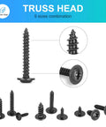 Top Shelf 540 Piece Phillips Truss Head Self Tapping Screw Assortment Kit With Washers Black Carbon Steel Fasteners 9 sizes of screws displayed.