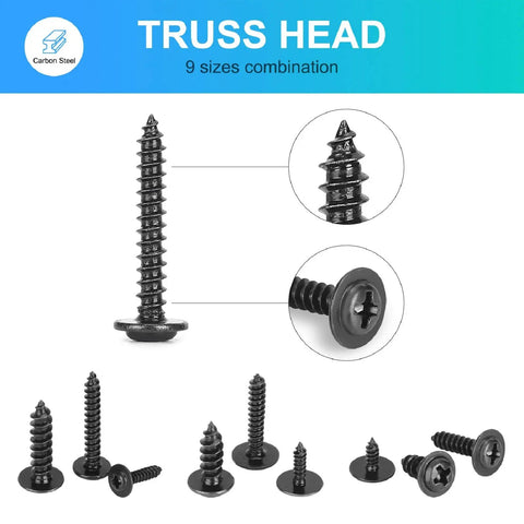 Top Shelf 540 Piece Phillips Truss Head Self Tapping Screw Assortment Kit With Washers Black Carbon Steel Fasteners 9 sizes of screws displayed.