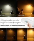 Must Have LED Desk Lamp With USB Charging Port, Pen Holder And Phone Holder, shown in warm and white light modes with adjustable brightness.