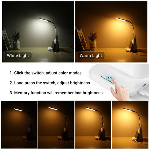 Must Have LED Desk Lamp With USB Charging Port, Pen Holder And Phone Holder, shown in warm and white light modes with adjustable brightness.