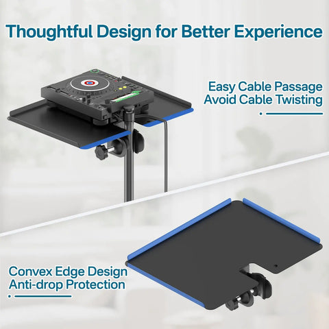 Metal Microphone Stand Tray With Clamp On Shelf And Phone Holder, fits 1.65 inch poles, shown with DJ equipment and cable passage design.