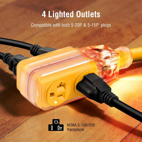 Heavy Duty 40 Foot 10 Gauge Retractable Extension Cord Reel 20A 125V SJTOW Power Cord ETL Listed With NEMA 5 15R And 5 20R Receptacles Built Tough For Generators Welders Saws Vacuums Heaters And Heavy Tools, 4-lighted outlets