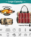 Desert Dust Insulated Cooler Tote Lunch Bag With Detachable Shoulder Strap Premium Nylon Exterior Pearl Cotton Padding And Aluminum Foil Liner Hands Free Everyday Lunch Box For Outdoor Picnics Camping Or Road Trips showing top view wide opening with fruits and side view with cans showcasing large capacity.