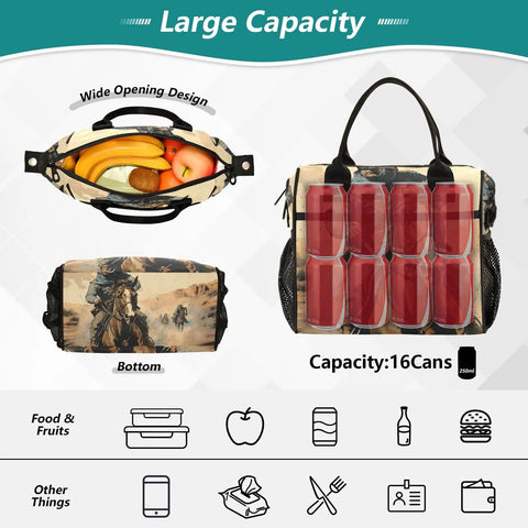 Desert Dust Insulated Cooler Tote Lunch Bag With Detachable Shoulder Strap Premium Nylon Exterior Pearl Cotton Padding And Aluminum Foil Liner Hands Free Everyday Lunch Box For Outdoor Picnics Camping Or Road Trips showing top view wide opening with fruits and side view with cans showcasing large capacity.