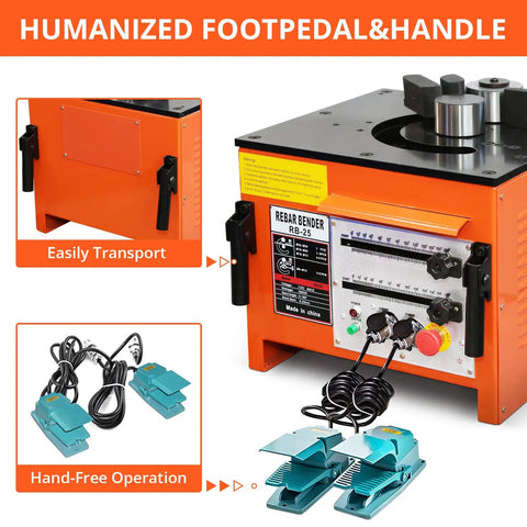 Heavy Duty 1600W Electric Rebar Bender Machine For 1 Inch Steel Rods with foot pedals and operational controls.