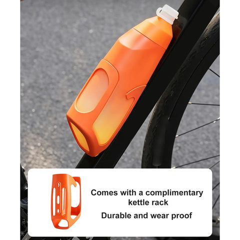 Aerodynamic Cycling Water Bottle 680ml Squeeze Flask mounted on a bike, durable PP5 construction and secure kettle rack.