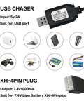 Must Have 7.4V USB Charger Cable With XH-4PIN Plug For RC Cars Planes Tanks Boats And Other Remote Control Toys Universal Battery Charger With Battery Protection And Safe Charging product details with images of USB charger and XH-4PIN plug.