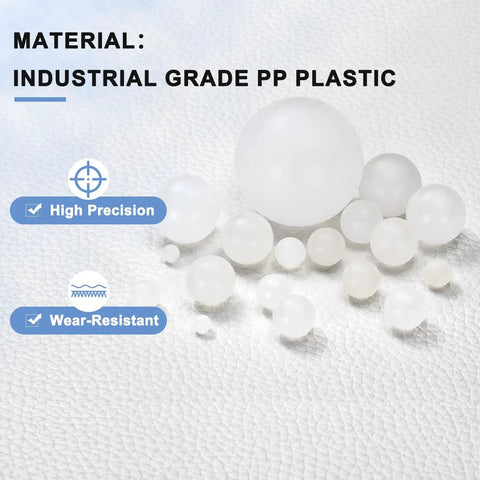 Three Hundred White Polypropylene Plastic Precision Bearing Balls 5mm Diameter G2 Grade Frosted Finish on textured background.