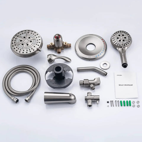Dual Shower System With Handheld And Rain Head, High Pressure 2 In 1 Shower Kit parts in brushed nickel, including 3 way diverter.
