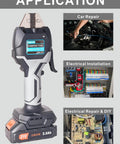 Electric Wire Crimping Tool Kit With Battery Power application in car repair, electrical installation, and repair DIY contexts.