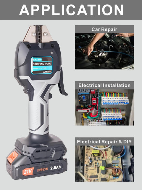 Electric Wire Crimping Tool Kit With Battery Power application in car repair, electrical installation, and repair DIY contexts.