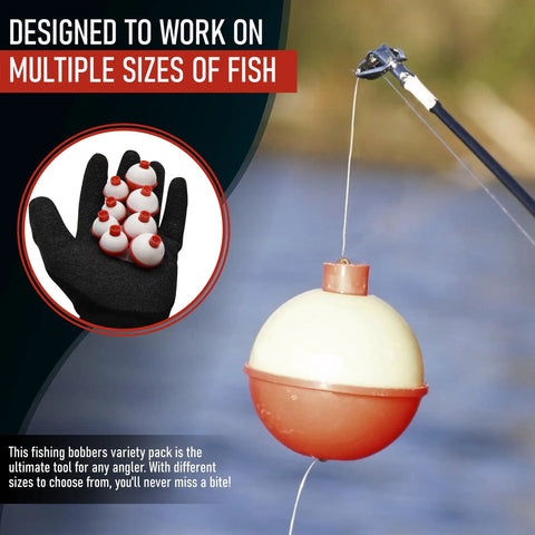 Ultimate Fishing Bobber Assortment Pack With Snap On Style Red And White Bobbers in various sizes next to fishing rod