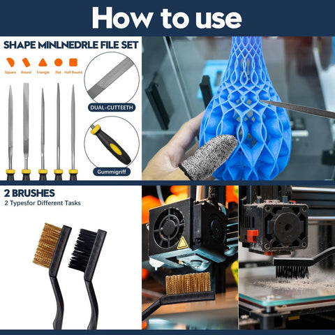 3D printer tools kit, 46 pcs: metal files, nozzle cleaner, scrapers, brushes, wire cutter, engraving knife.