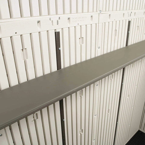 Interior shelving in 15 by 8 ft dual entry outdoor storage shed with HDPE dual wall construction steel reinforced frame
