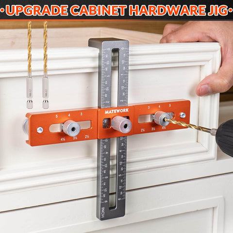 All In One Cabinet Handle Jig With Adjustable Knob And Precision Drill Guide for drawers shown in use on a cabinet door