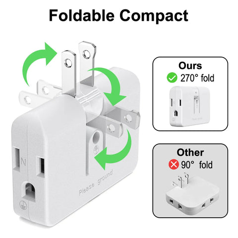 Swivel Wall Adapter Converts Two Prong To Three Prong With Polarized Grounding And Flat Straight Plug Design showing 270-degree foldable compact design.