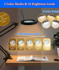 Desk lamp with 15X magnification, LED illumination, 5 color modes, and clamp for workspace; suitable for seniors and hobbyists.