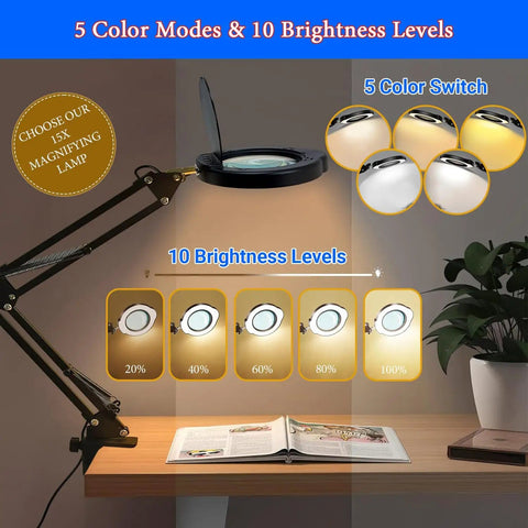 Desk lamp with 15X magnification, LED illumination, 5 color modes, and clamp for workspace; suitable for seniors and hobbyists.