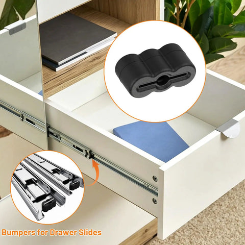 20 Pack Black Drawer Stoppers And Slide Bumpers Rubber End Stops for kitchen cabinets showing bumper placement on drawer.
