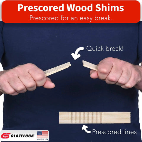 Person snapping wood shim with prescored lines for quick break. Wood Shims For Leveling 12 Shims 8 Inch Length Quick Snap Pine Wedges Tapered.