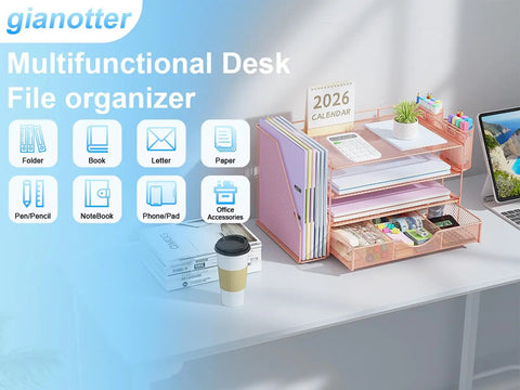 4 Tier Desk Organizer Set With File Holder, Drawer, And Two Pen Holders In Rose Gold on desk with notebooks and coffee.