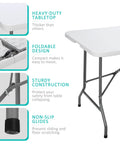 Six Foot Folding Table For Indoor And Outdoor Use showing heavy-duty tabletop, foldable design, sturdy construction, non-slip glides