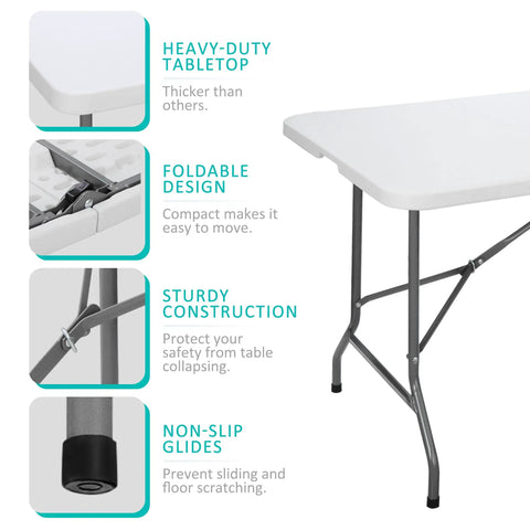 Six Foot Folding Table For Indoor And Outdoor Use showing heavy-duty tabletop, foldable design, sturdy construction, non-slip glides