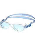 Premium Legit Unisex Adult Swim Goggles Featuring Straight Up Anti Fog Tech with clear lenses and soft blue silicone straps.