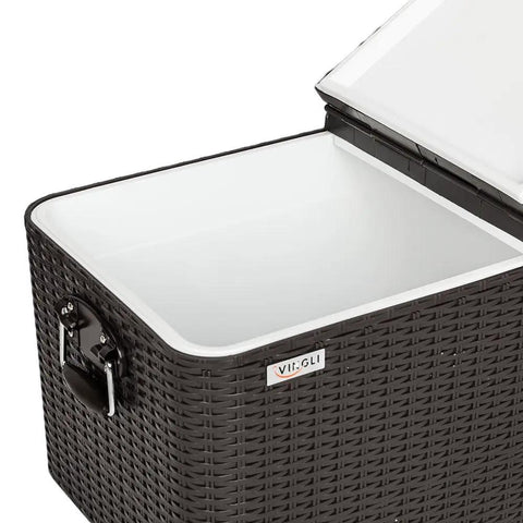 Open view of 80 Quart Rolling Ice Chest On Wheels Portable Patio Party Bar Drink Cooler Cart with Wicker PP Rattan Shelf.