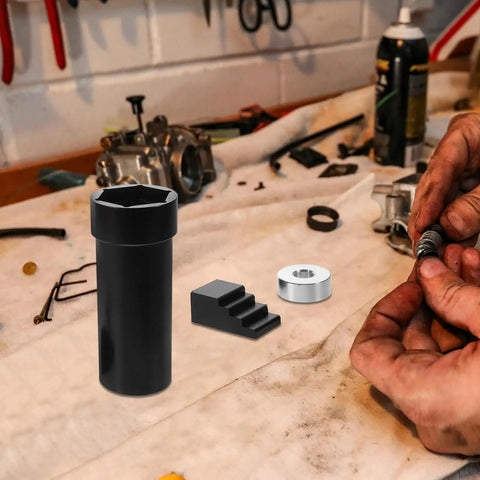 Kickass Motorcycle Mainshaft Nut Socket Wrench, black metal tool on workbench for quick twin and primary sprocket removal.