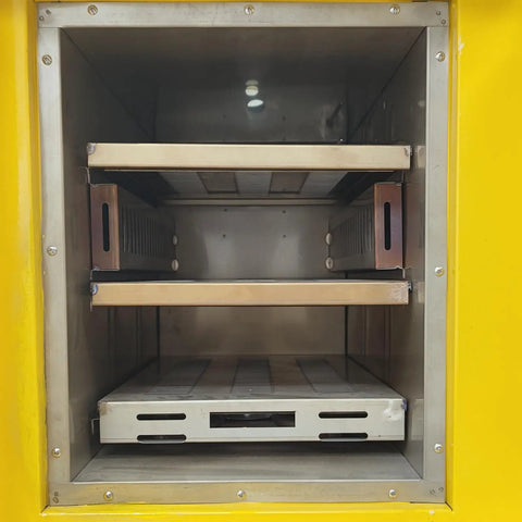 Interior view of Heavy Duty Bench Welding Rod Oven With Digital Control Panel and Rock Solid Insulation showing three racks for electrode drying.