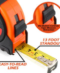 Fifteen Pack 16 Foot Retractable Tape Measures With Easy Read Fractions 1/8 In Orange Case showing 13-foot standout feature.