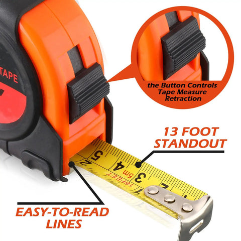 Fifteen Pack 16 Foot Retractable Tape Measures With Easy Read Fractions 1/8 In Orange Case showing 13-foot standout feature.