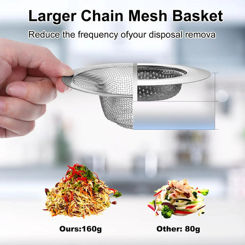 Forty Pack Premium Stainless Steel Mesh Sink Strainer Four Point Five Inch Drain Filter Basket shown being held, highlights size and design.
