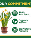 Bio Tone Starter Plus Plant Food 25 lb Organic Natural Growth Booster with sustainability icons and potted flowers