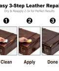 Easy 3-step leather repair process using Dark Brown Leather Repair Kit With Recoloring Balm And Dye For Scratches Fading And Aging.