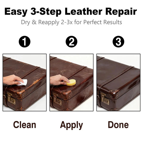 Easy 3-step leather repair process using Dark Brown Leather Repair Kit With Recoloring Balm And Dye For Scratches Fading And Aging.