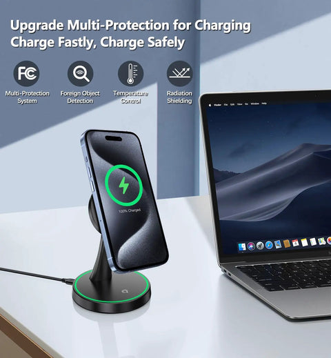 Magnetic Wireless Charger Stand With 15W Fast MagSafe Charging For iPhone 17 16 15 14 13 12 Series with laptop on desk