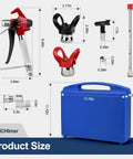 Professional 22 Piece Airless Spray Gun Kit With 3600 PSI High Pressure Paint Sprayer And 13 Interchangeable Tips dimensions and components layout.