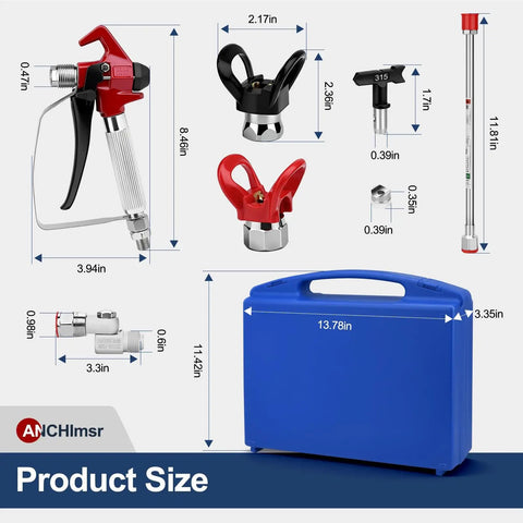 Professional 22 Piece Airless Spray Gun Kit With 3600 PSI High Pressure Paint Sprayer And 13 Interchangeable Tips dimensions and components layout.