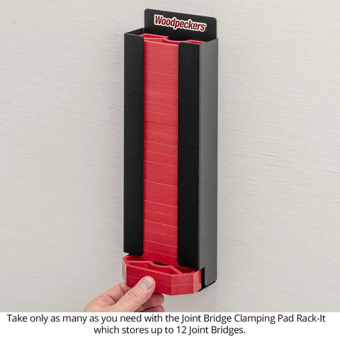 Rack It Wall Mount Clamp Pad Organizer For Joint Bridges, Keeps Up To 12 Bridges, Dispenses Pads One At A Time, Handy Storage Solution For Woodworking Shops, black and red wall rack