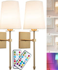 Wireless Battery Operated Wall Sconce Set Of Two With White Fabric Shade Remote Control No Wiring Dimmable Indoor Bedroom Vanity Lighting