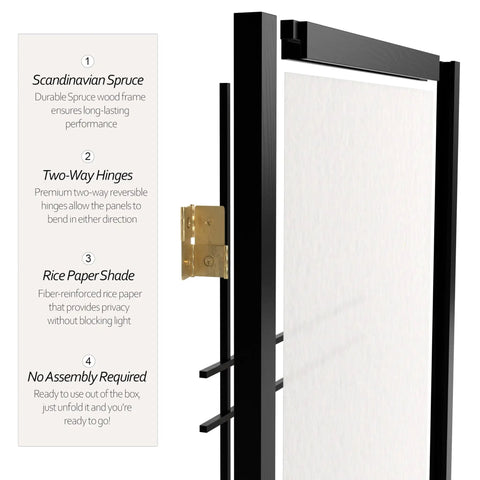 Close-up of Compact 3 Ft Double Cross Shoji Room Divider In Black 5 Panels with spruce wood frame and rice paper panels