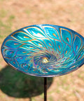 Glass Bird Bath On Metal Stake With Four Pronged Base For Stability Easy Assembly Outdoor Garden Bird Feeder Peacock Style.