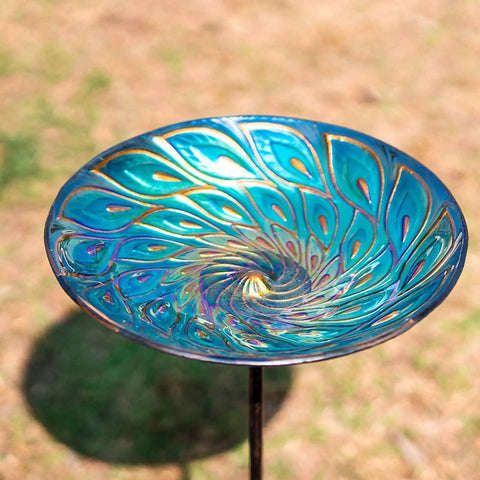 Glass Bird Bath On Metal Stake With Four Pronged Base For Stability Easy Assembly Outdoor Garden Bird Feeder Peacock Style.
